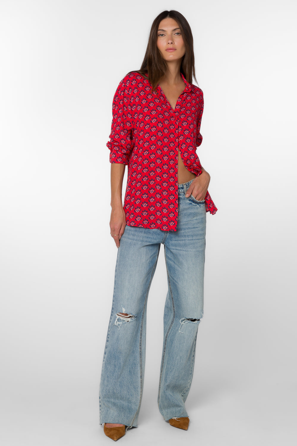 Elena Red Leaf Shirt - Tops - Velvet Heart Clothing