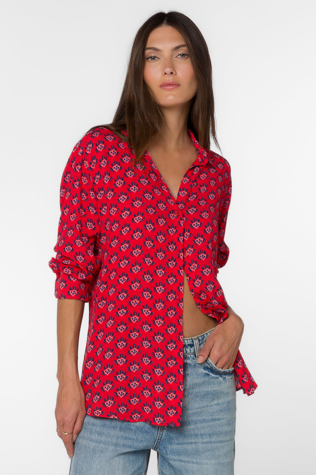 Elena Red Leaf Shirt - Tops - Velvet Heart Clothing