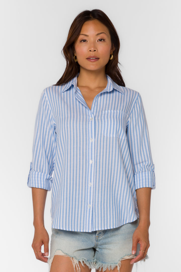 Elisa White Blue Stripe Shirt - Tops - Velvet Heart Clothing