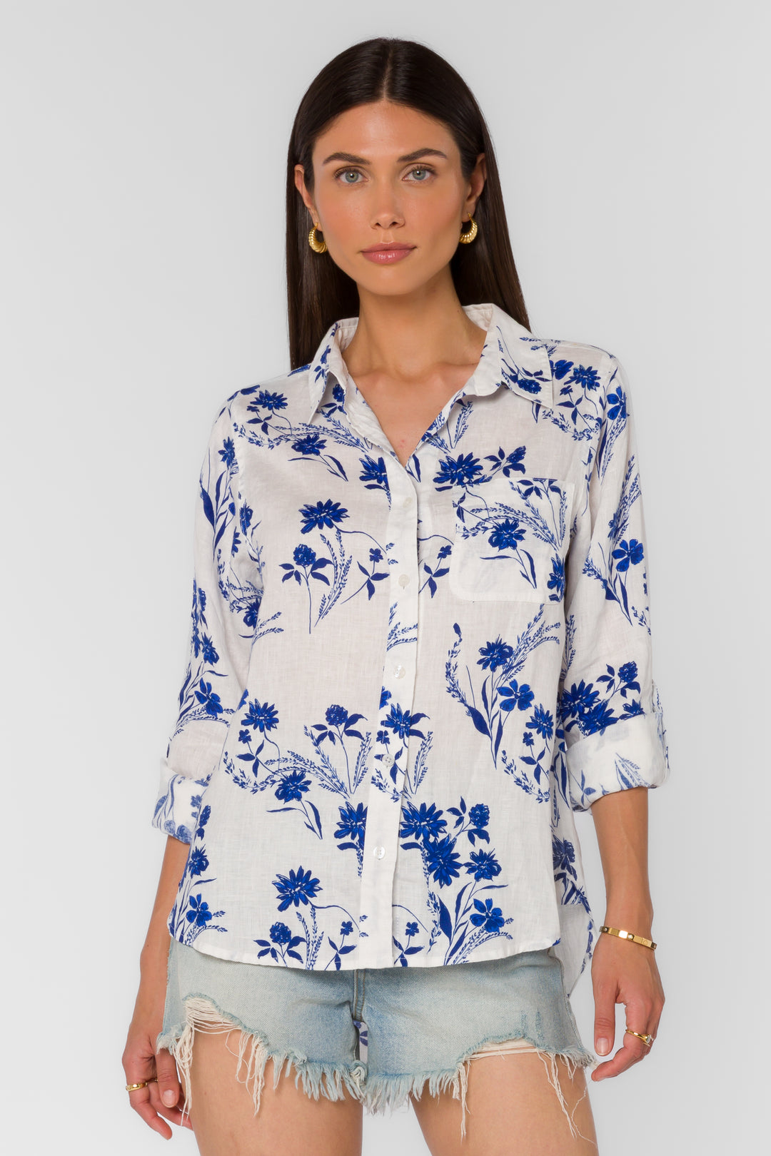 Elisa Blue Floral Patch Shirt - Tops - Velvet Heart Clothing