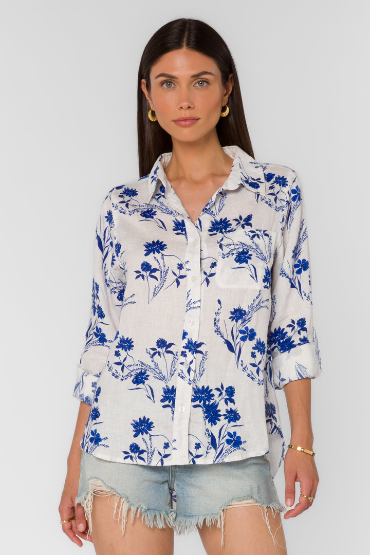 Elisa Blue Floral Patch Shirt - Tops - Velvet Heart Clothing