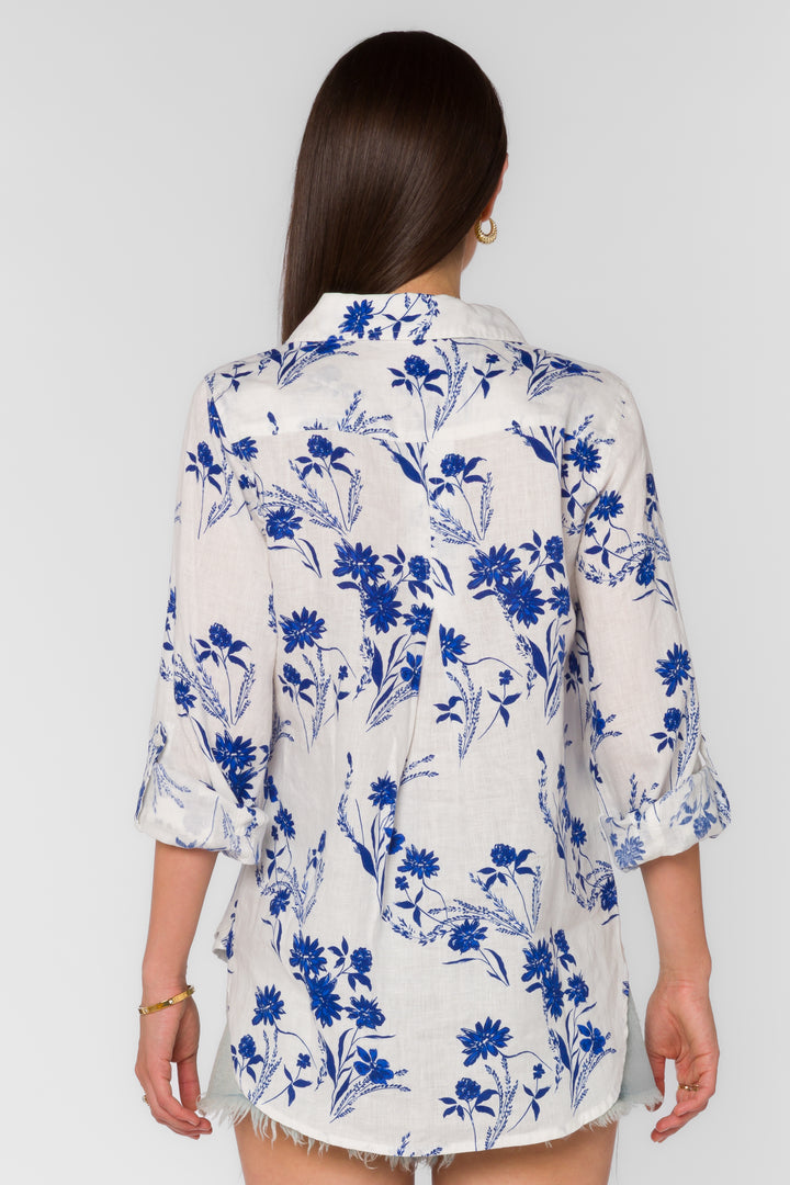 Elisa Blue Floral Patch Shirt - Tops - Velvet Heart Clothing