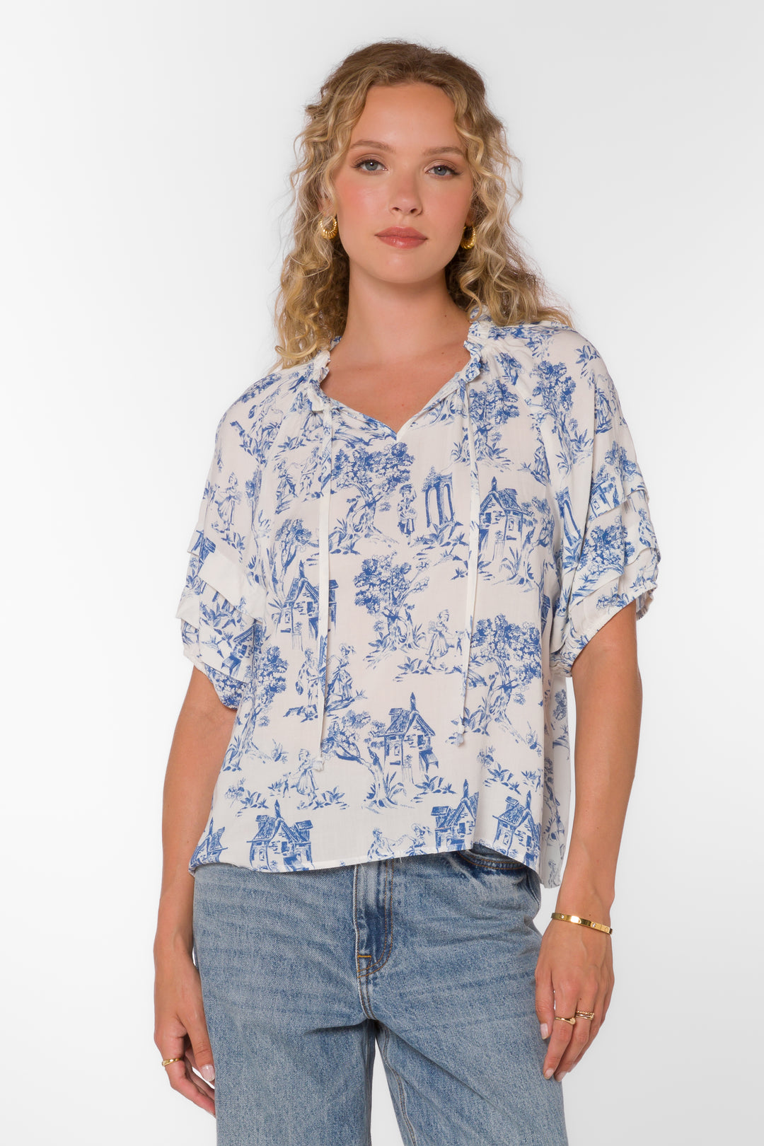 Kenna Blue Toile Top - Tops - Velvet Heart Clothing