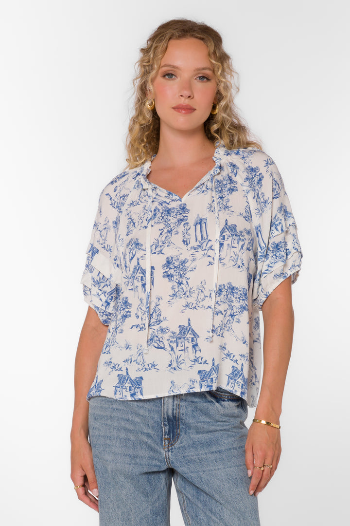 Kenna Blue Toile Top - Tops - Velvet Heart Clothing