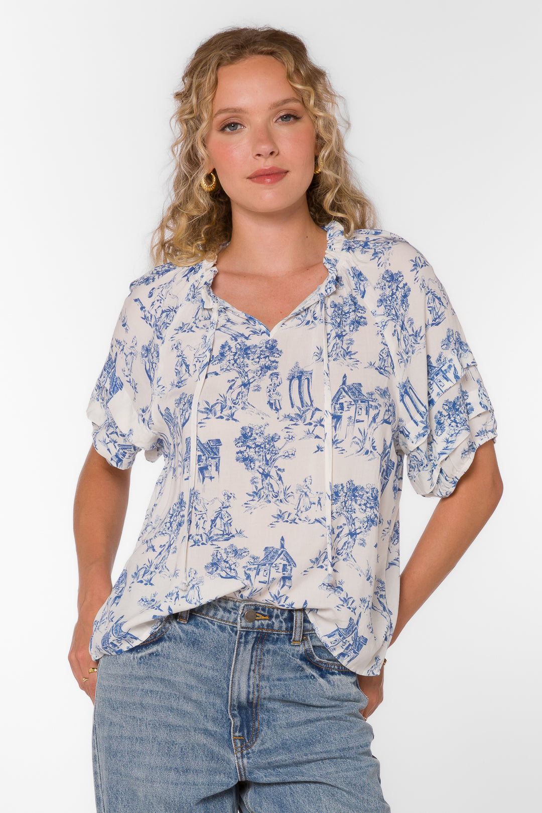 Kenna Blue Toile Top - Tops - Velvet Heart Clothing