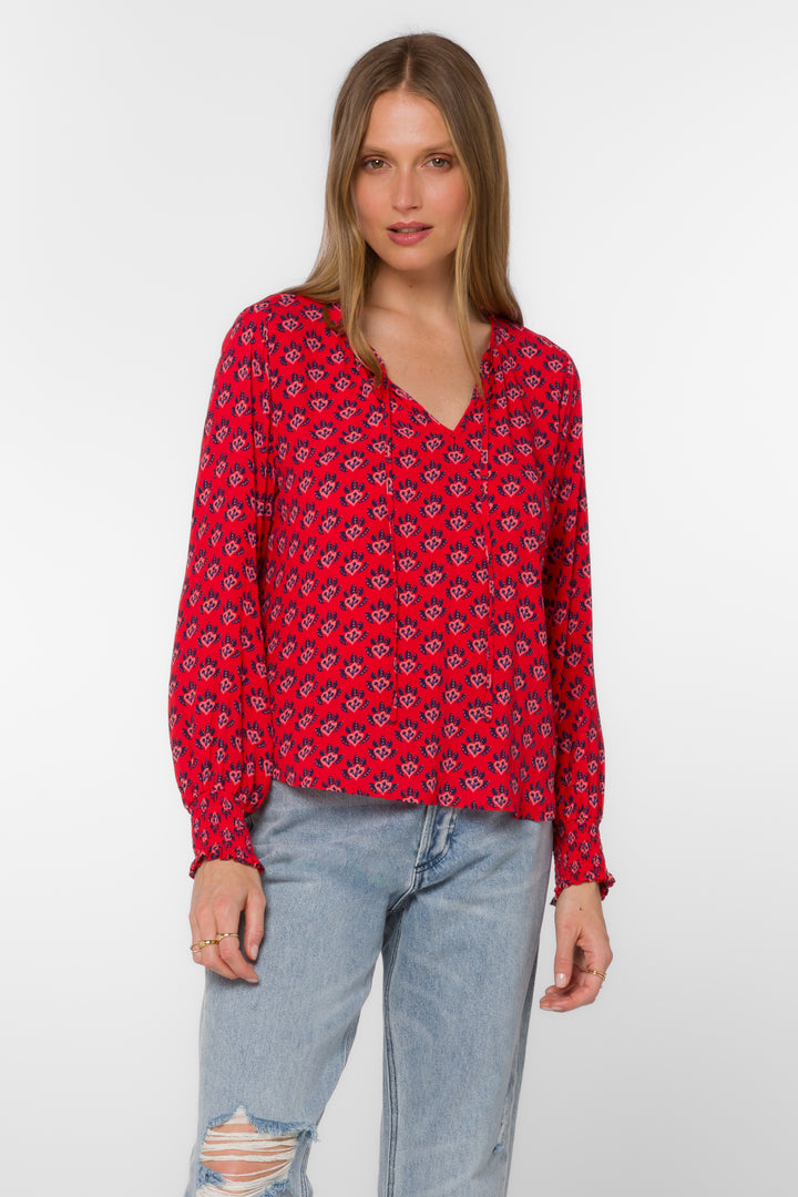 Penny Red Abstract Leaf Top - Tops - Velvet Heart Clothing