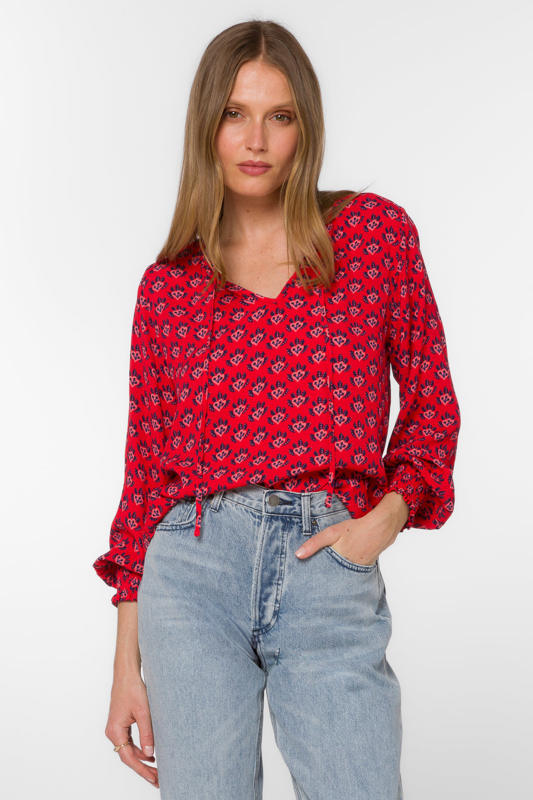 Penny Red Abstract Leaf Top - Tops - Velvet Heart Clothing