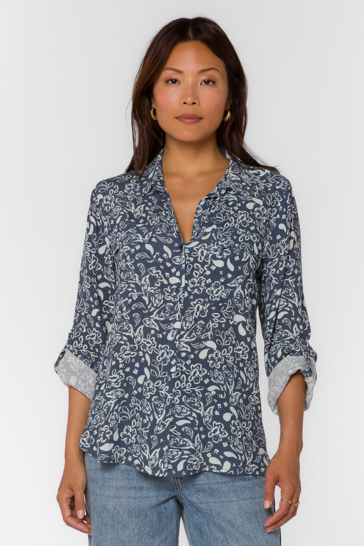 Talma Navy Floral Shirt - Tops - Velvet Heart Clothing