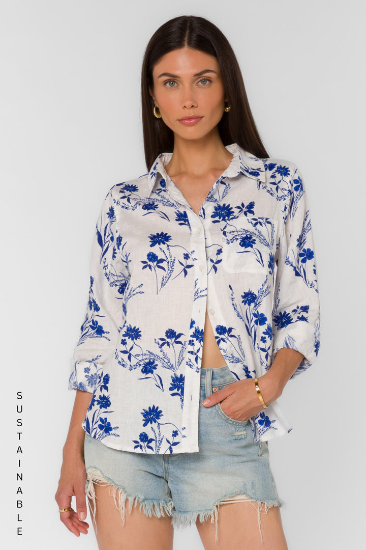 Elisa Blue Floral Patch Shirt - Tops - Velvet Heart Clothing