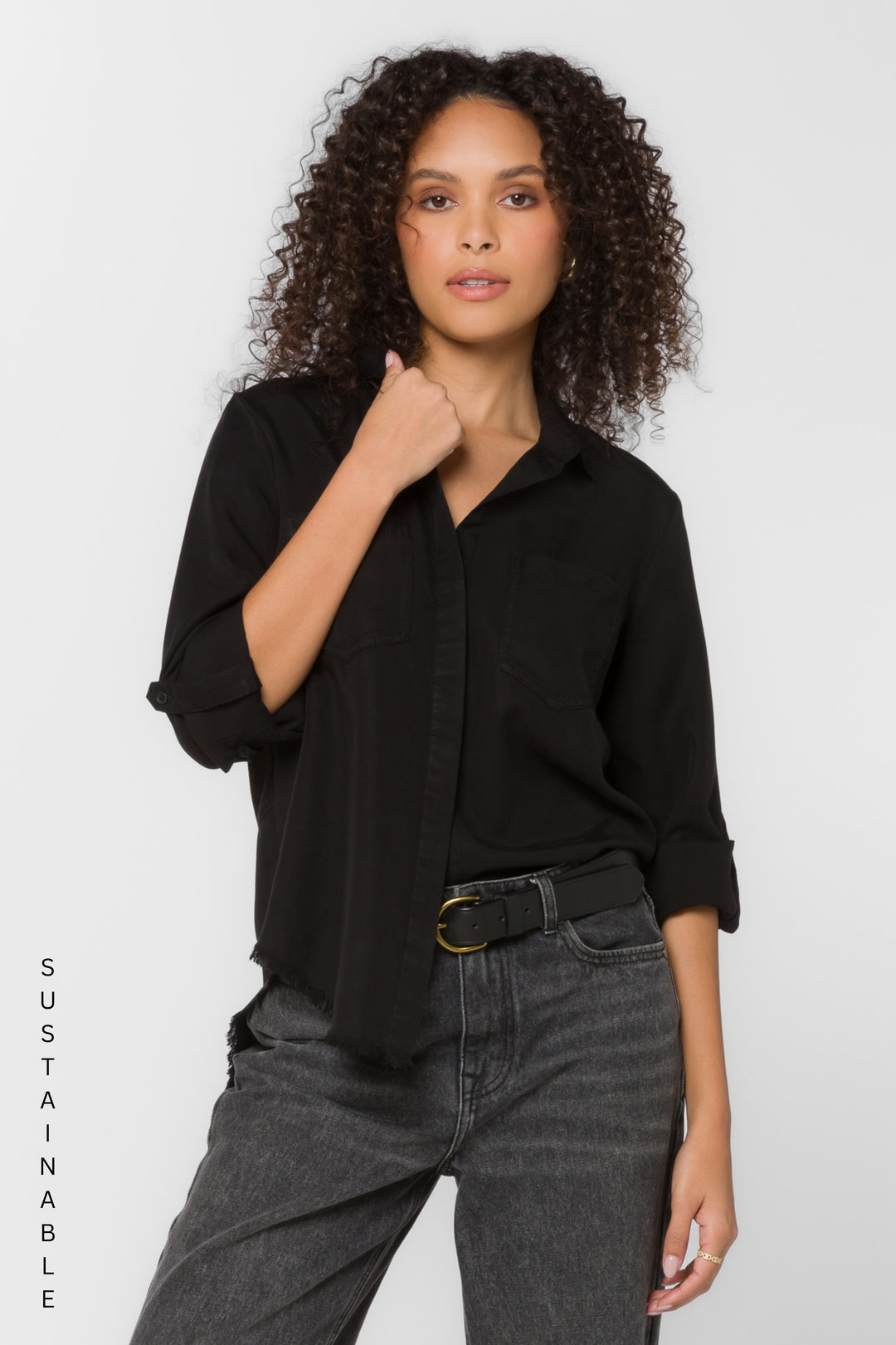 Riley Frayed Black Shirt - Tops - Velvet Heart Clothing
