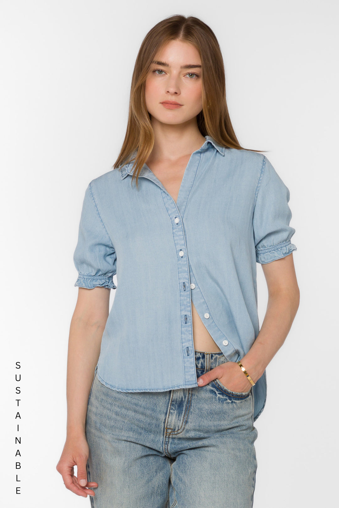Savina Stone Wash Blue Shirt - Tops - Velvet Heart Clothing