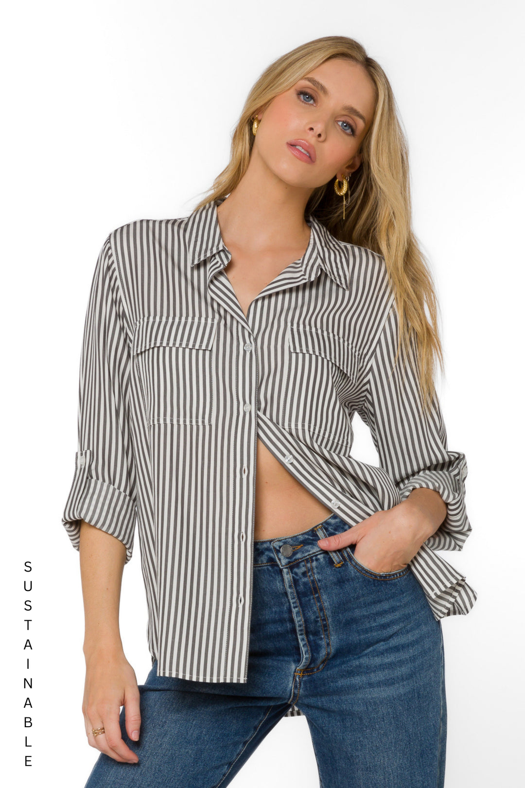 Talma Charcoal Stripe Shirt - Tops - Velvet Heart Clothing