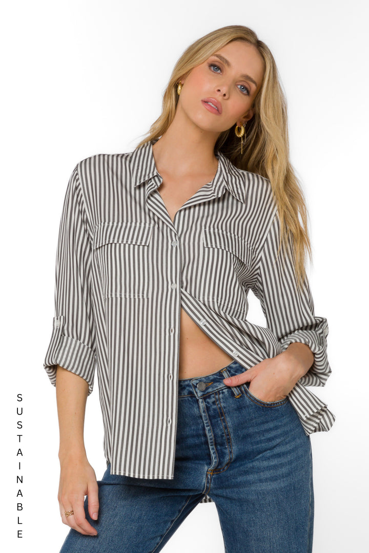 Talma Charcoal Stripe Shirt - Tops - Velvet Heart Clothing